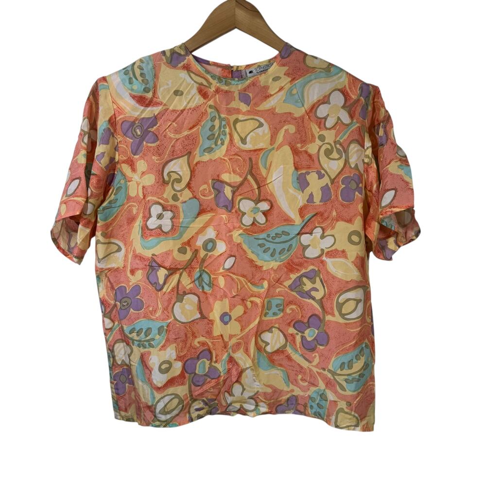 Vintage Top Women M Orange Floral 100% Silk Blouse Modest Business Career Spring
